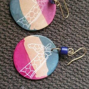 Source Unknown Pink Blue Tan Giraffe Print Round Earrings